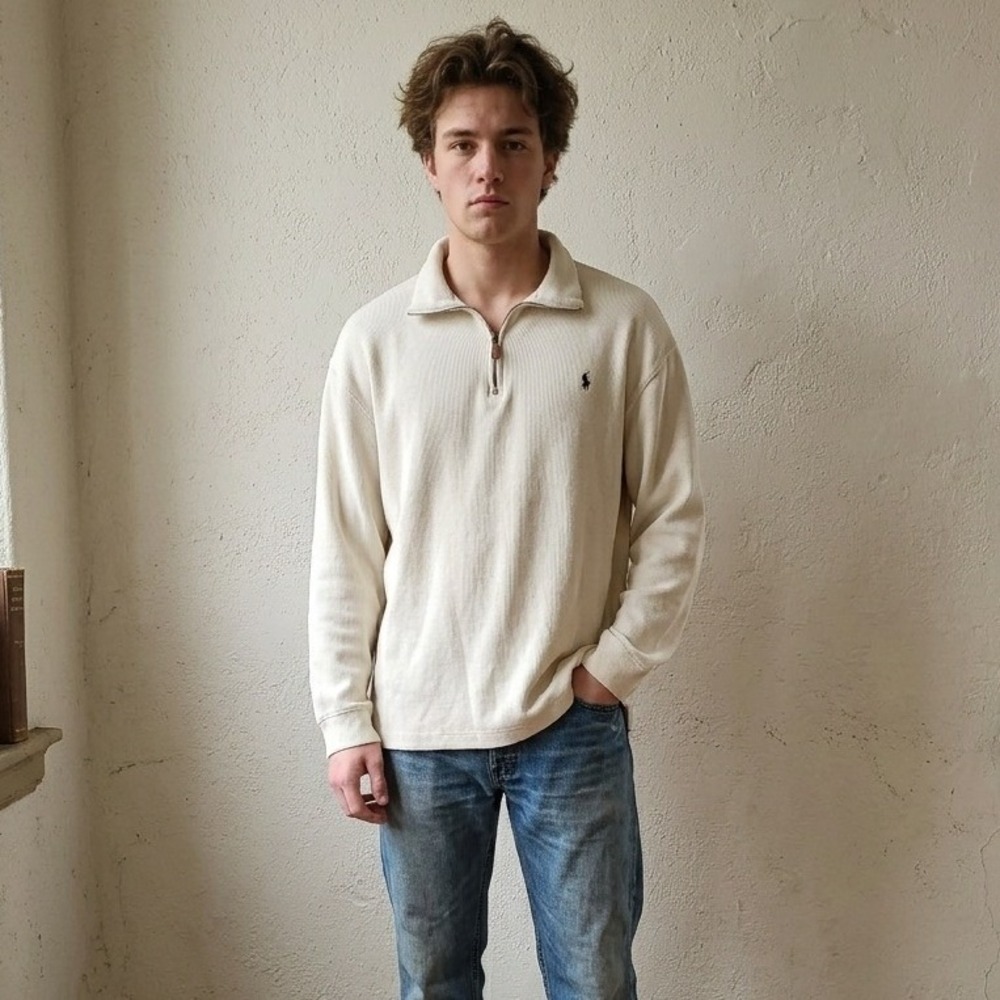 Polo Ralph Lauren Men Sweater XLT Cream Quarter-Zip Cotton Knit Preppy Old Money